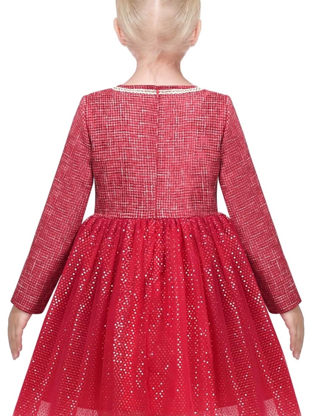 Girls Red Tweed & Tulle Sparkle Party Dress - Picture 3 of 5